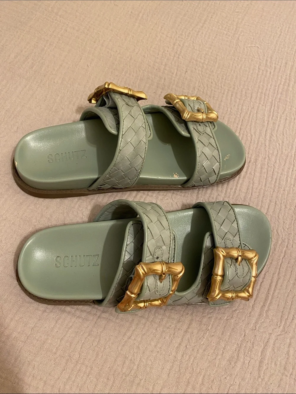SHUTZ Braided Slide Sandals with Gold Buckles - Sage Green. Size 7.5